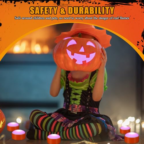 Image of Riakrum 6 Pieces Halloween Remote Timer LED Lights with Remote Summer Halloween LED Pumpkin Lights Battery Operated Lantern Bright Flameless Candle(Orang, Purple Light)