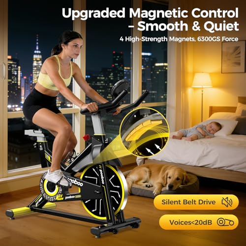 POOBOO Magnetic Exercise Bike, Quiet Stationary Bike with App and 350lbs Weight Capacity, Indoor Cycling Bike with LCD Monitor and Tablet Holder, Heavy Duty Workout Bike for Home Gym Weight Loss Fitness Bike, Adjustable Magnetic Resistance Silent Belt Driver,