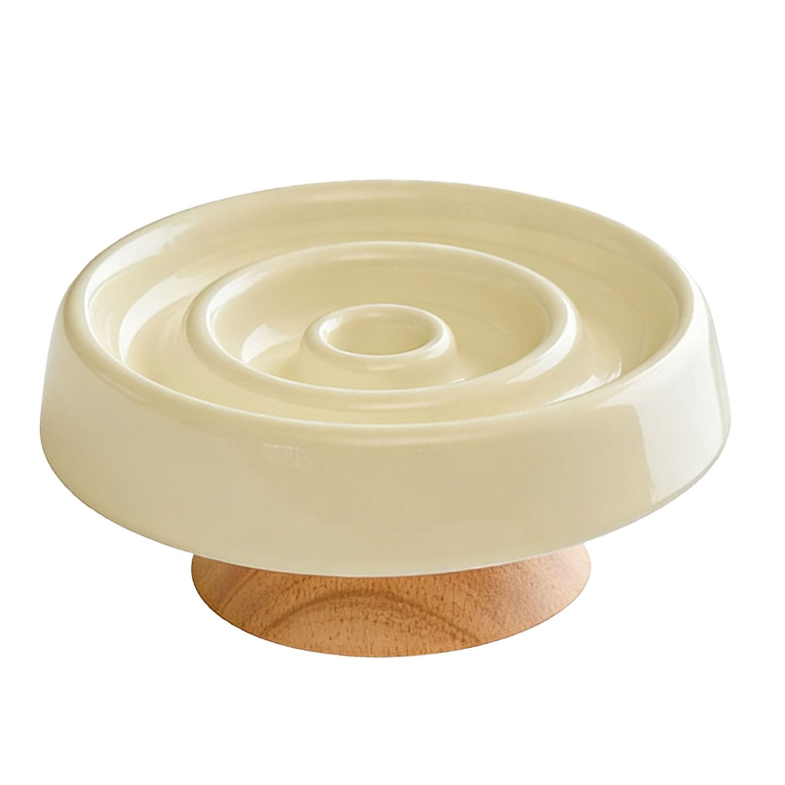 Ciotola per Gatti in Ceramica con Alimentazione Lenta con Base in Legno Rialzata, Mangiatoia Lenta Antiscivolo per Gatti per Prevenire Gonfiore e Soffocamento (Beige chiaro)
