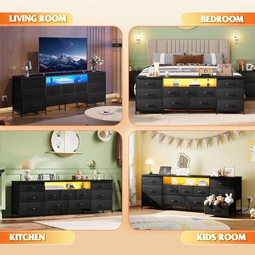 Image of WLIVE 75.5 inch TV Stand for 65, 75, 80, 85 Inch TV, Dresser for Bedroom with Power Outlets & LED Lights, 11 Drawer Fabric Dresser with Open Shelves, Entertainment Center with Storage, Black