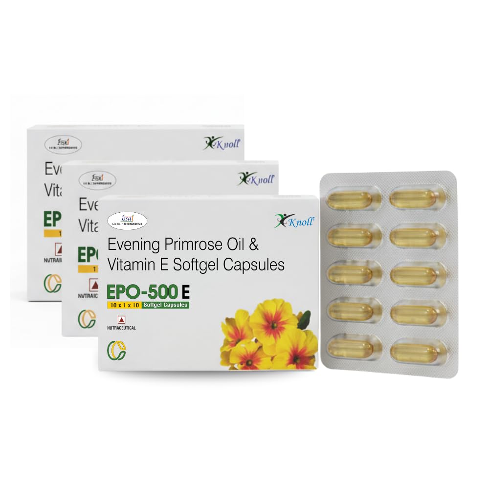 Knoll Healthcare EPO-500E Evening Primrose Oil 500 mg with Vitamin E Softgel Capsules | Supports Women’s Wellness, Skin Health & Antioxidant Support | Dietary Supplement (3x10 Capsules)