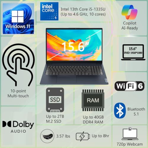 Image of Lenovo IdeaPad 15.6 inch FHD Touchscreen Laptop, Intel 10-Core 13th Intel i5