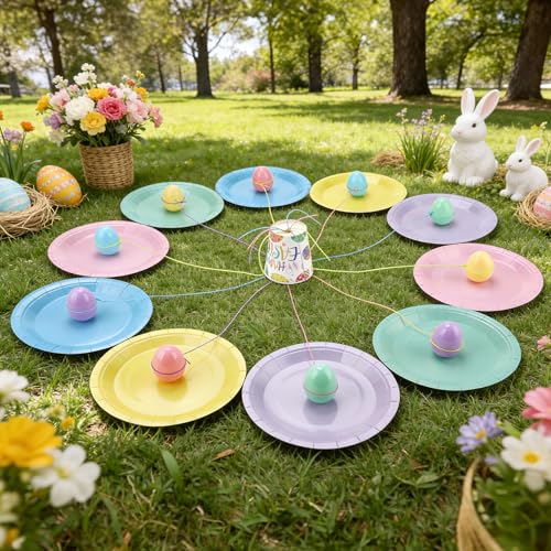 Easter Party Game Set Includes 10 Plates 10 Easter Eggs 1 Paper Cups and 5 Rope for Family Adult Spring Party Office Games Easter Birthday Gathering Party Supplies
