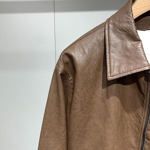 JEKE-DG Men's Long Sleeve Short Motorcycle Coat Lapel Full Zip Bomber Coat Jacket Faux Leather Loose Fit Coats3