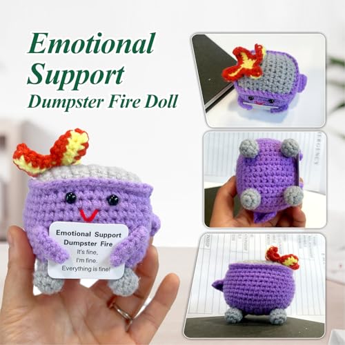 Image of Emotional Support Dumpster Fire - Positive Crochet Birthday Easter Basket Stuffers Essentials Gift for Women Men Girls Coworker Friend, Handmade Knitted Doll for Home Office Accessories Decor (Purple)