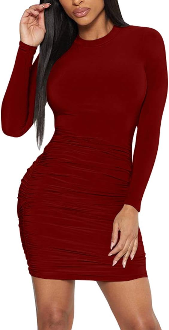 Mokoru Women's Sexy Basic Elegant Long Sleeve Ruched Bodycon Club Party Mini Dress - Image 2