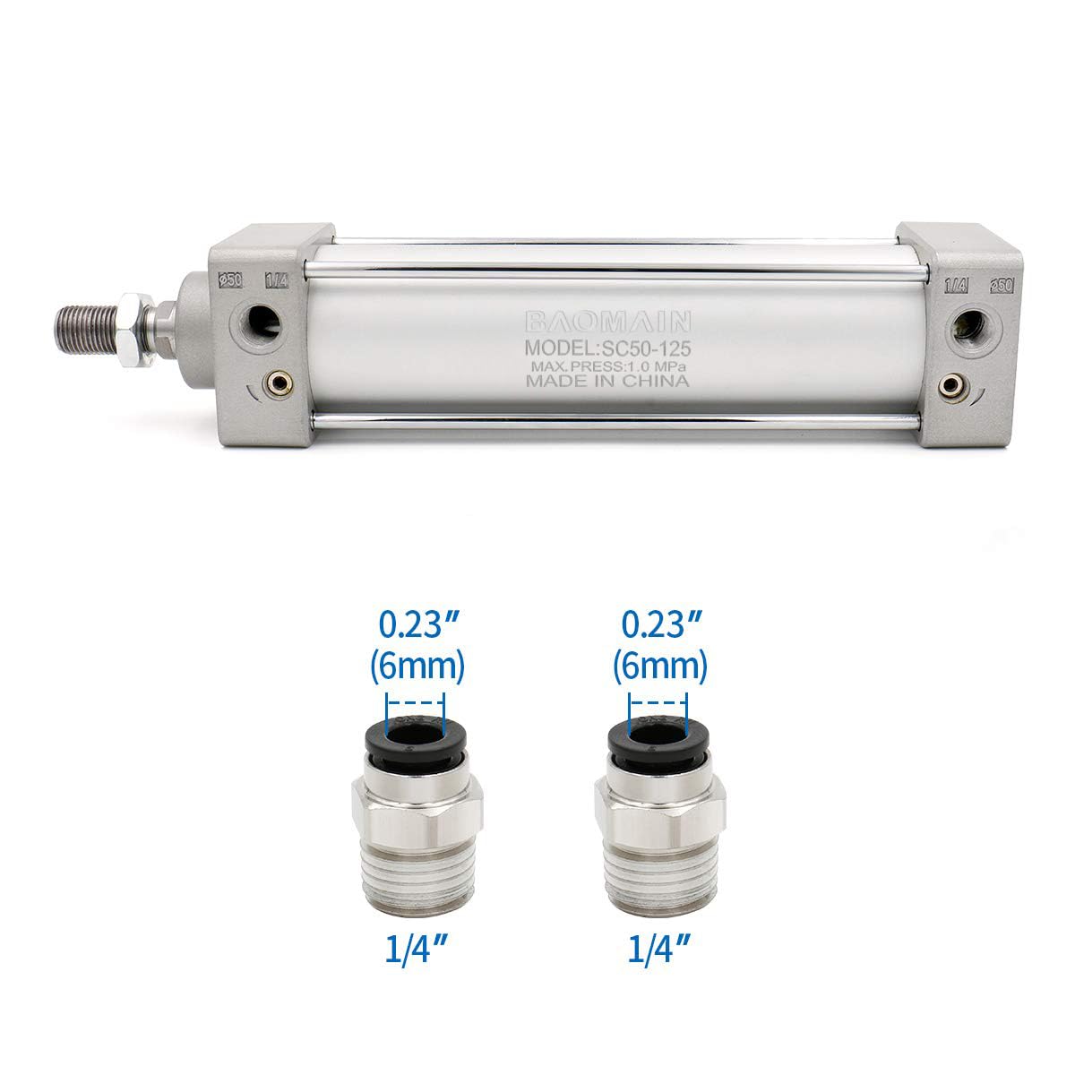 Baomain Pneumatic Air Cylinder SC 50 x 125 Pneumatic Air Cylinder,PT 1/4, Bore 2 inch(50mm), Stroke 5 inch(125mm), Screwed Piston Rod Dual Action 1 Mpa,for Manufacturing