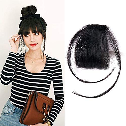 Reysaina Fringe Hair Extensions Real Human Hair Hand Tied Bangs with Temples Hair Accessories For Women (#1B Natural Black)
