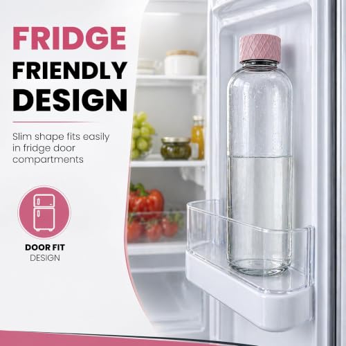 Image of Rioware Glass Water Bottle 1 Litre | Airtight lid | Leak Proof | Silicon Cap | Fridge Water Bottles for Home, Office & Gym (1 Ltr- Pack Of 4, Pink)