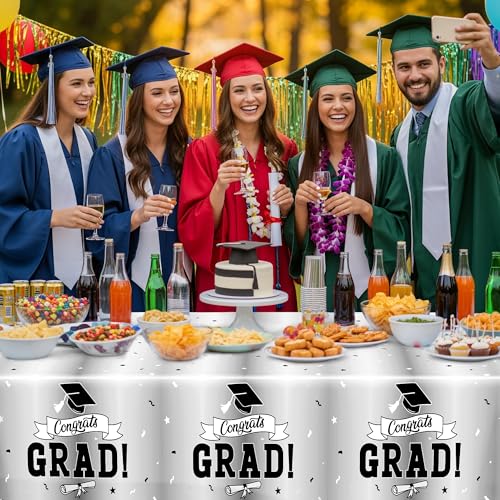 Image of 2 Pcs 2026 Graduation Table Decorations, 108 inch X 54 inch Silver Graduation Table Cloths, Rectangle TableCovers for Grad Party Supplies, Disposable Plastic Tablecover for Class 2026 Congrats Grad for Kids