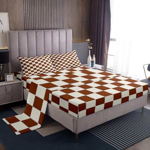 Image of Erosebridal Plaid Bed Sheets Full Beige Caramel Brown Checkerboard Bedding Geometric Checkered Sheet Set for Kids Boys Girls, Aesthetic Grid 1 Fitted Sheet 1 Flat Sheet 2 Pillow Cases