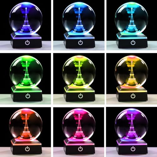 Image of 3D Crystal Ball Paris Eiffel Tower Snow Globe Decor Gifts for Women Men Adults with LED Base Lamp Souvenirs Xmas Ornament Unique Paris Stuff Glass Snowglobes for Christmas Birthday
