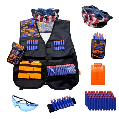Tactical Vest Kit for Nerf Guns with 40 Foam Darts Reload Clips Refill Darts Wrist Band Tactical Mask Protective Glasses for Kids Age 3+ Children Gifts for Birthday Christmas