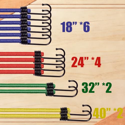 Image of Bungee Cords with Hooks, Heavy Duty Assorted Set, 32PCS - 18 inch, 24 inch, 32 inch, 40 inch Bungee Cords, Mini & Ball Bungees for Tarp, Tent, Truck, Outdoor. UV Resistant