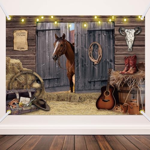 Moukeren Western Party Backdrop Western Cowboy Party Decoration Wild West Decor Wooden House Barn Photo Background for Birthday Wedding Supply(7 x 5 ft,Vintage Style)