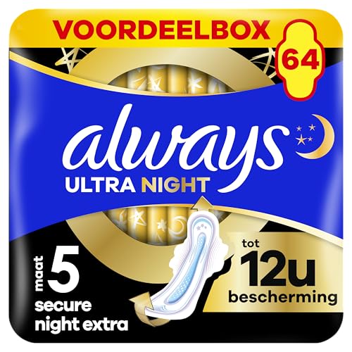 Always Ultra Compressas para mulher Secure Night Extra (tamanho 5) com asas (64 compressas com asas), embalagem grande, noite, fina e super absorvente, neutraliza os odores e evita fugas.