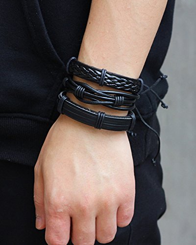 Image of Young & Forever Multi-Pack Men's Leather Bracelet Set - Braided Rope, Vintage Bead, Gothic Punk Skull, & Boho Wrapped Multi-Layer Cuff Wristbands, Adjustable Jewelry Pack