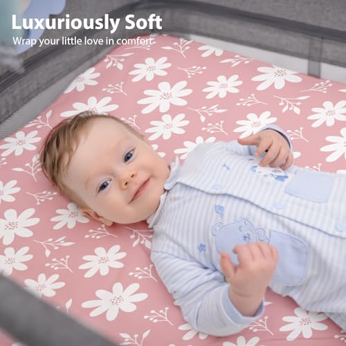 Image of Baby Bedside Bassinet Sheets Girl, 33 inchx20 inch Compatible with Baby Delight Dream On Me & Most Rectangle Bedside Sleeper Bassinet Mattress, Super Soft Microfiber Pink Butterfly Flower