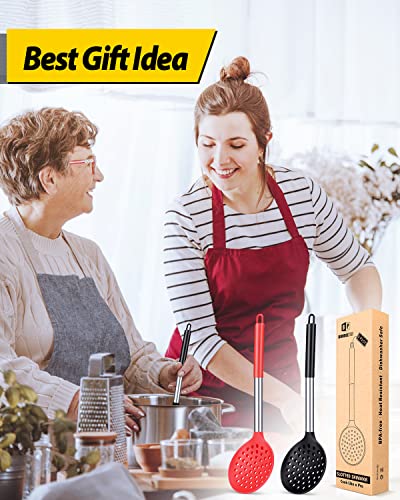 Kitchen Ladle Strainer Set Of 2 Large Slotted Spoon With High Heat Resistant Bpa Free Non Stick Cooking Skimmers For Draining & Frying (Black And Red) #TOP6