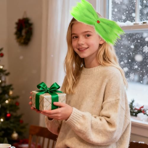 Gran moño verde peludo con clip de corazón rojo para cabello, accesorio navideño para niñas y mujeres miniatura 5