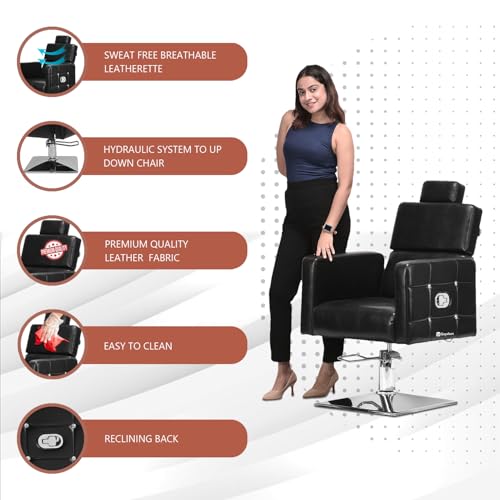 Image of Leather Beauty Parlor Cutting,Salon /Barber /Cutting /Makeup /Makeover Bride Bridegroom Chair, Cushioned Seat Back, with Hydraulic & Push Back System Chair (Black)