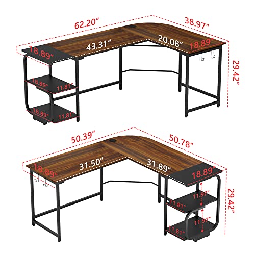 Merronix L Shaped Office Desk, Modern Reversible L Gaming Desk For Home Office, Spacious Desktop Corner Computer Desk, Teak #TOP2