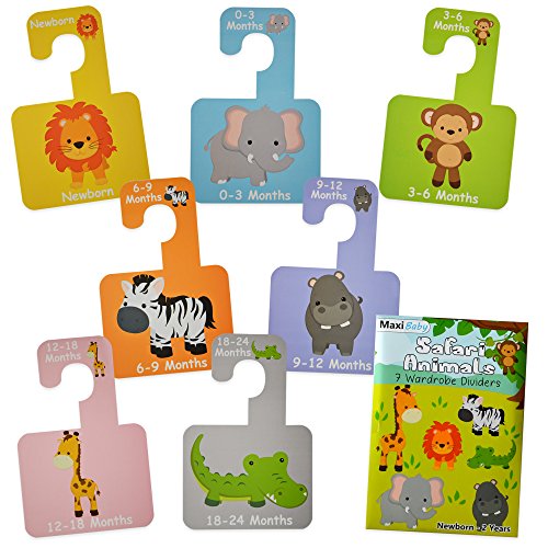 Armario separadores para organizar la tamaños de bebés ropa de recién nacido a 2 años. Ideal para regalo. Juego de 7 separadores con Safari diseños de animales. De alta calidad.