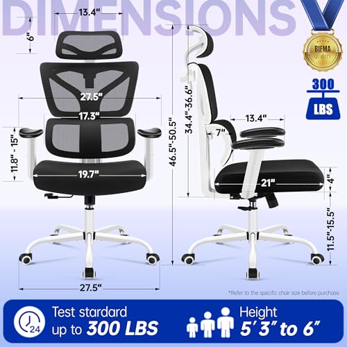 Image of Ergonomic Office Chair, High Back Mesh Computer Chair with Comfortable Adaptive Lumbar Support, Built-in Coat Hanger, SGS Class 4 Gas Lift, Heavy Duty 300lbs for Long Hours Home Office