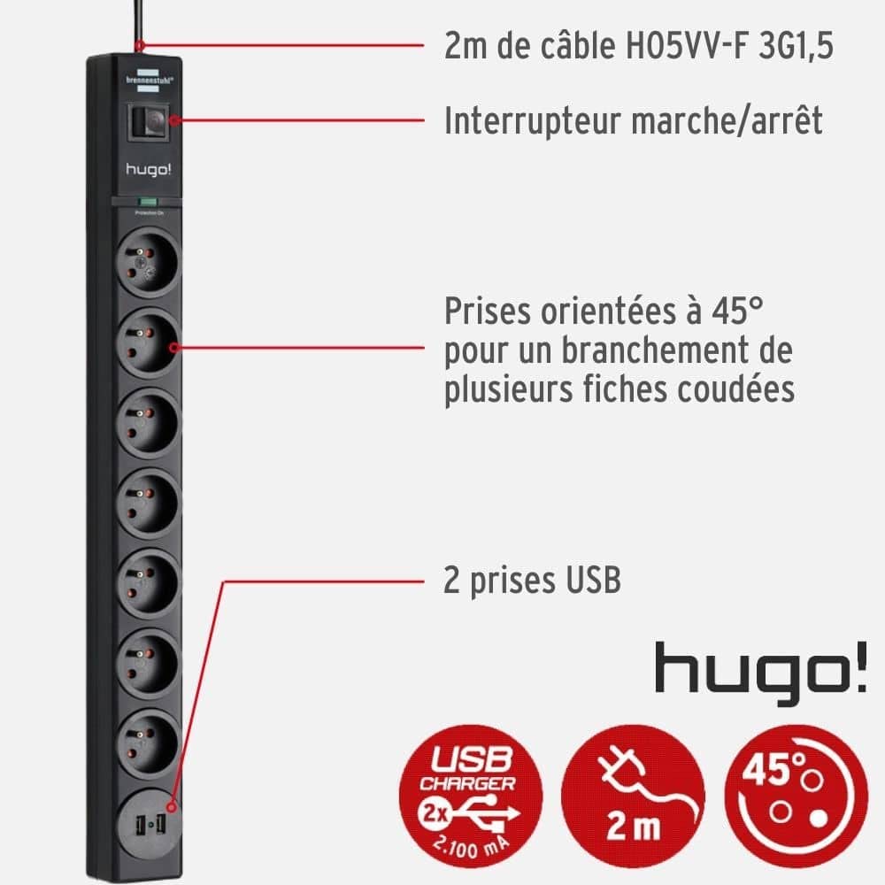 Brennenstuhl Multiprise Hugo! Noire, 7 Prises + 2 Prises USB, avec parafoudre et 2m de câble (19.500A)