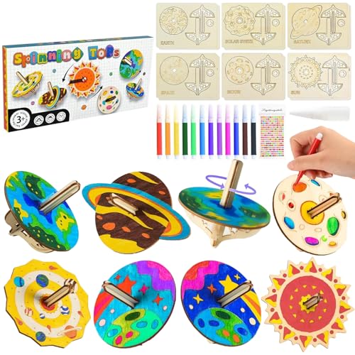 Hshenjhu 12 Pièces Toupie en Bois, Gyroscope Planétaire, Bricolage en Toupie Bois pour Enfants 4 5 6 7 8 9 10 Garçons Filles, Jouet Créatif Cadeau, Idée Anniversaire Enfant