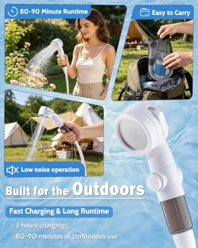 Subtoy Bomba de Ducha Portátil para Camping, Cabezal de Ducha Recargable USB-C con 3 Modos, Bombea Agua de Balde, para Viaje, RV, Baño de Mascotas, Playa y Uso de Emergencia (+ Bolsa de Malla) miniatura 6