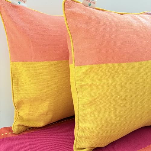 Image of RANGBHAR Handloom 100% Cotton Cushion Cover Set of 2 | Cushion with All-Around Piping for Premium Finish | 16x16 Inches Hand Woven Striped Cushion Covers - Yellow