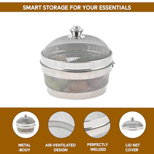 Image of Kuber Industries 10 Inch Stainless Steel Mesh Fruit Basket for Dining Table with Lid Net Cover | Strainer Vegetable Basket for Modular Kitchen | Keep Flies Bugs Mosquitoes Away | Silver