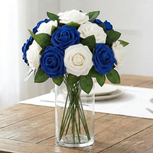 Image of 100Pcs Real Looking Blue and White Blend Artificial Rose Flower Heads, Foam Fake Roses for DIY Wedding Decorations Baby Shower Centerpieces Home Party Valentine's Day Mother's Day Decor