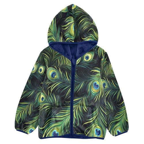 Watercolor Peacock Feathers Toddler Fleece Jacket Girl Boys Hooded Fleece Jacket Coat Warm Outwear Zip-up 3-10T
