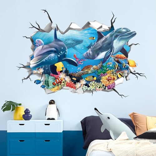 decalmile 3D Under The Sea Dolphin Fish Wall Decals Ocean Turtle Seaweed Broken Wall Stickers Boys Bedroom Living Room Bathroom Wall Decor - Image 3