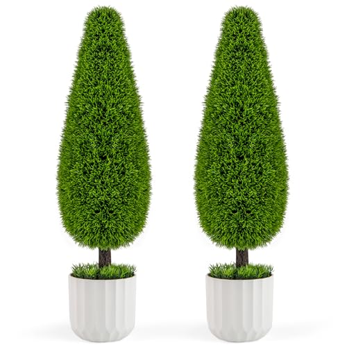 COSTWAY Juego de 2 Piezas de Arbusto Artificial de Cedro en Forma de Gota de 90 CM, Planta Topiaria en Maceta con Vides Plásticas, Árbol Artificial Verde para Interior y Exterior para Hogar Oficina