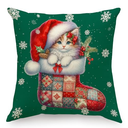 RLCMO Christmas Boots Cat Hat Throw Pillow Cover Merry Christmas Snowflake 18 x 18 Inch Linen for Sofa Couch Decor Room Home Decor Car Cushion Cover (Multicolour)