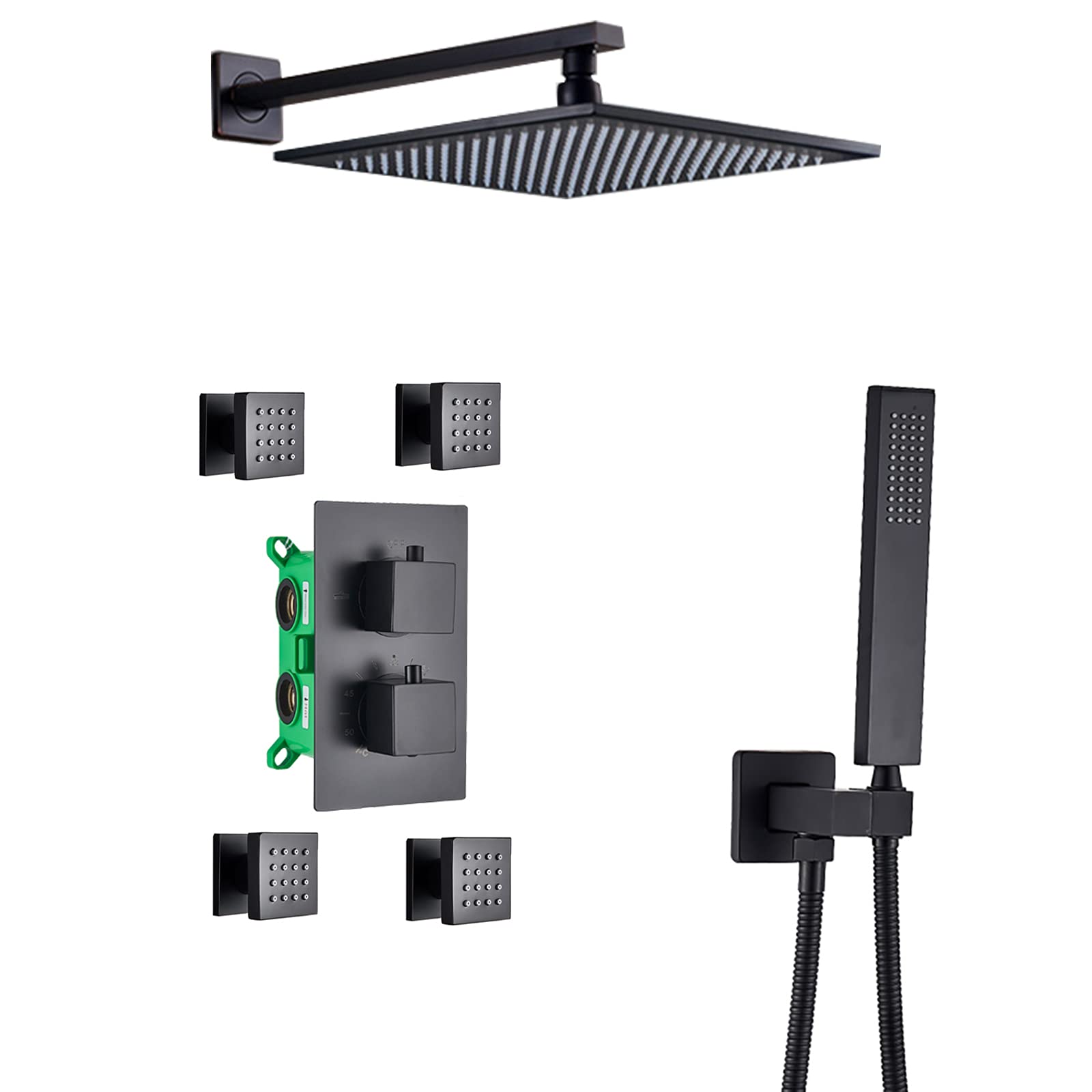 CWCQGH Black Rain Shower Thermostatic Shower Faucet Set with 4 Body Spray Jets, Wall Mounted Shower Combo Set Brass Rain Mixer Shower with Shower Head, Handheld Shower,16 Inch