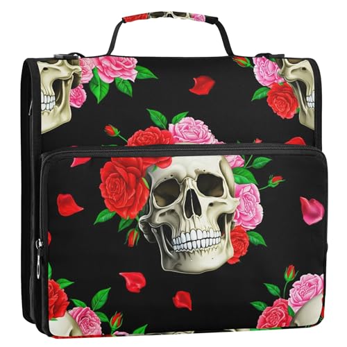 ジップアップバインダーオーガナイザー 人間の頭蓋骨 ピンクのバラの葉 1 1/2インチ 3リングバインダー Dリング カラフルなスクールバインダーバッグ ショルダーストラップ付きストレージポートフォリオケース ハンドル付き