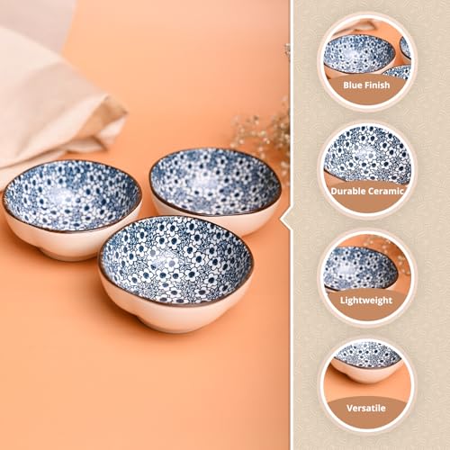 Image of MARKET 99 Heavy-Duty Ceramic Blue Bowl Set of 3 (100ml) | Small Serving Bowls for Chutney, Sauce, Pickles & Chilies | Ideal Serveware for Breakfast, Lunch, Dinner, Parties & Get-Togethers
