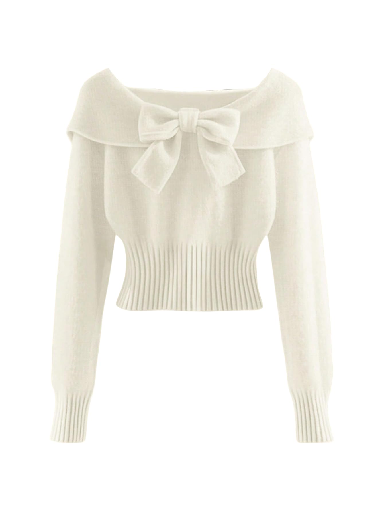 Women's Bow Sweater Foldover Cinched Waist Crop Tops Trendy Fall Lightweight Knit Pullover Sweaters-image-45