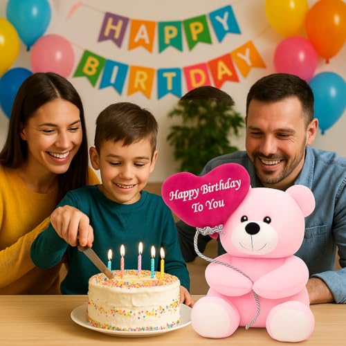Image of ZEXSAZONE Happy Birthday Teddy Bear Soft Toy - Cute Pink Plush Teddy with Heart & Balloon | 24 cm for Kids, Girls, Boys, and Loved Ones