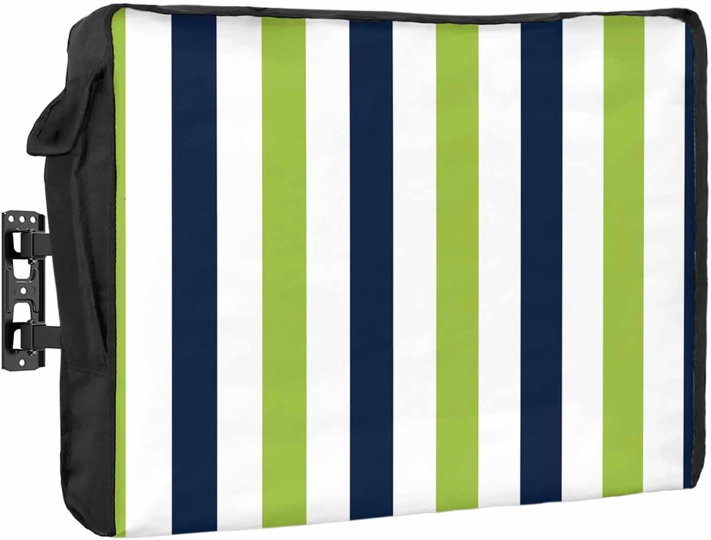 Outdoor TV Cover 75 Inch Navy Blue Green Stripes TV Enclosure Contrast Striped TV Covers for Outside TV Display Screen Protector with Remote Control Pocket Home Decor