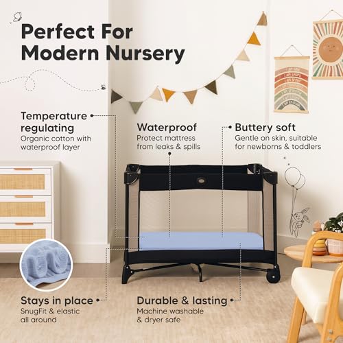 Image of 2 Pack and Play Sheets, Waterproof Mini Crib Sheets Fitted - 38x26 Organic Cotton Pack N Play Sheets for Graco Pack and Play Mattress, Playard Baby Crib Sheets,Neutral for Boy,Girl,Toddler(Blue Flax)