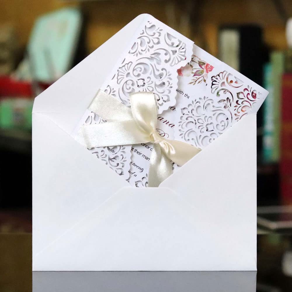 Delikatna romantyczna karta z zaproszeniem na przy Opakowanie 50 sztuk, zestaw czystego papieru do druku i kopert na wesela, przyjęcia urodzinowe i przyjęcia(White,Personalized Printed)