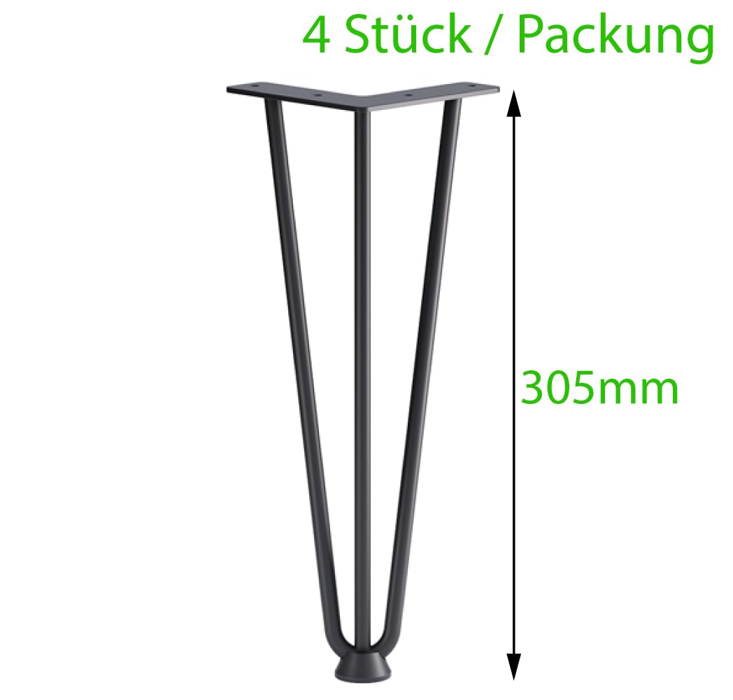 ATM® Hairpin gambe da tavolo 30 cm – Set di 4 piedini per mobili in acciaio verniciato a polvere | gambe da tavolo industriali | con protezioni per pavimento e viti | piedini da tavolo nero
