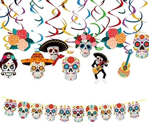 eBoutik -Halloween Day of The Dead Party Decoration Set - Colourful Swirls & Sugar Skulls Bunting - El Día de los Muertos Hanging & Ceiling Decorations