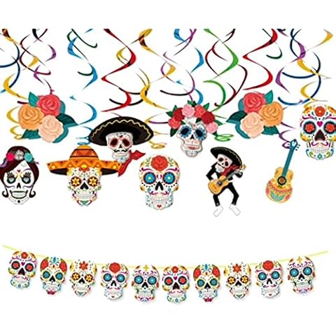 eBoutik -Halloween Day of The Dead Party Decoration Set - Colourful Swirls & Sugar Skulls Bunting - El Día de los Muertos Hanging & Ceiling Decorations Cover