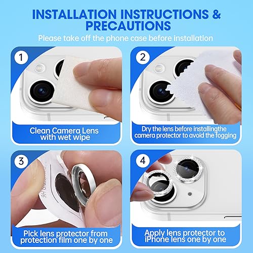 Image of Tempered Glass Camera Lens Protector Compatible for iPhone 15 /15 Plus Bling,Individual Metal Diamond Ring 9H Hardness Scratchproof Protector,Stylish Accessories,Case Friendly (Silver Diamond)